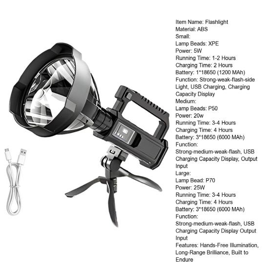 USB-перезаряжаемый прожектор, ручной фонарь высокой яркости с штативом, водонепроницаемый, ударопрочный, наружный прожектор для кемпинга, пеших прогулок, чрезвычайных ситуаций