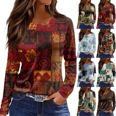 Женская модная блузка с разрезом по подолу, повседневная, в стиле ретро, с цветочным принтом, круглым вырезом и длинными рукавами