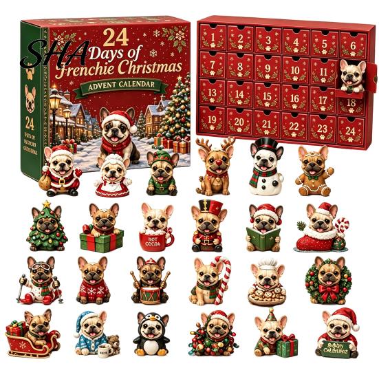 Frenchie Puppy Figurines French Bulldog Advent Calendar, 24-Day Christmas Countdown Acrylic Ornament, Collectible Interactive Traditions Figurine