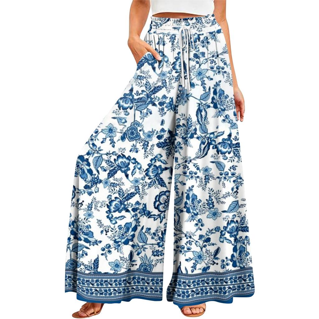 Женские летние широкие брюки с высокой талией и струящимися карманами, модные повседневные повседневные пляжные брюки в богемном стиле с принтом