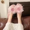 2025 Autumn and Winter New Sweet Flower Fluffy Slippers Women's Flat Bottom Home Plush Open Toe One-word Cotton Mop