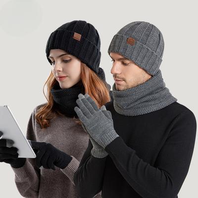 Вязаная шерстяная шапка мужская и женская, теплая шапка с флисовой подкладкой, шарф, перчатки, комплект из трех предметов