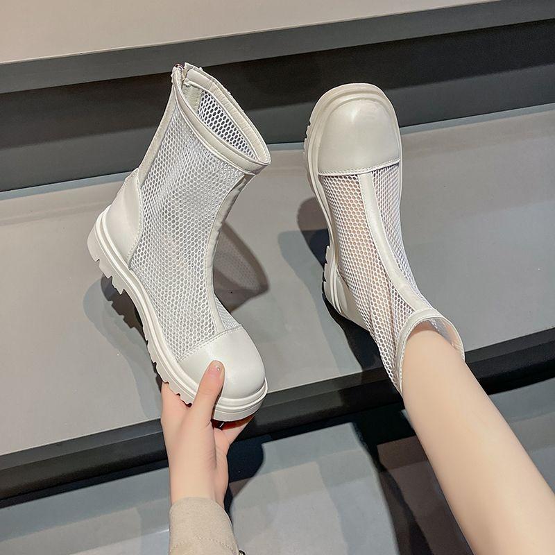 Летние ботинки на шнуровке в сетку, дышащие женские ботинки с высоким каблуком, красные полые ботинки, студенческие сапоги в сетку