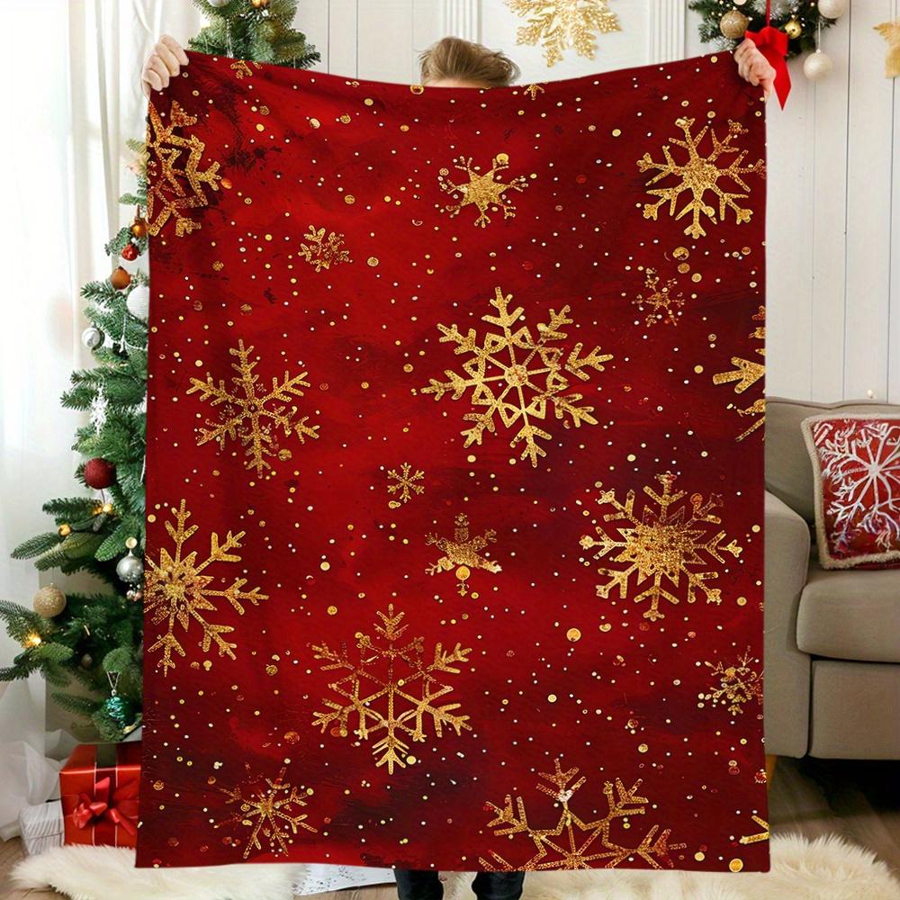 Cozy Vintage Christmas Blanket with Golden Snowflakes - Soft, Warm Flannel Throw for Naps, Camping, Travel & Home Decor