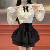 High-Waisted Retro Black Balloon Skirt with Double-Layer Elegant Shirt