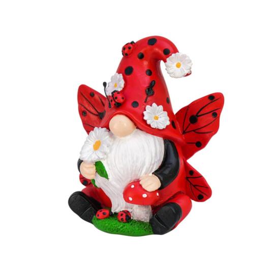 Ladybug Gnome Figurine Flower Winged Dwarf Elf Resin Statue Sculpture Indoor Outdoor Garden Home Office Desktop Decoration Ornament