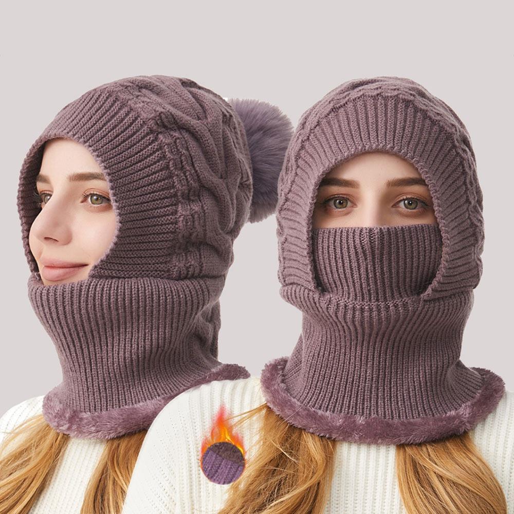 Slouchy Knitted Beanie Hat 3 in-1 Balaclavas Hat Face Mask Neck Scarf Skiing Hat Set for Women
