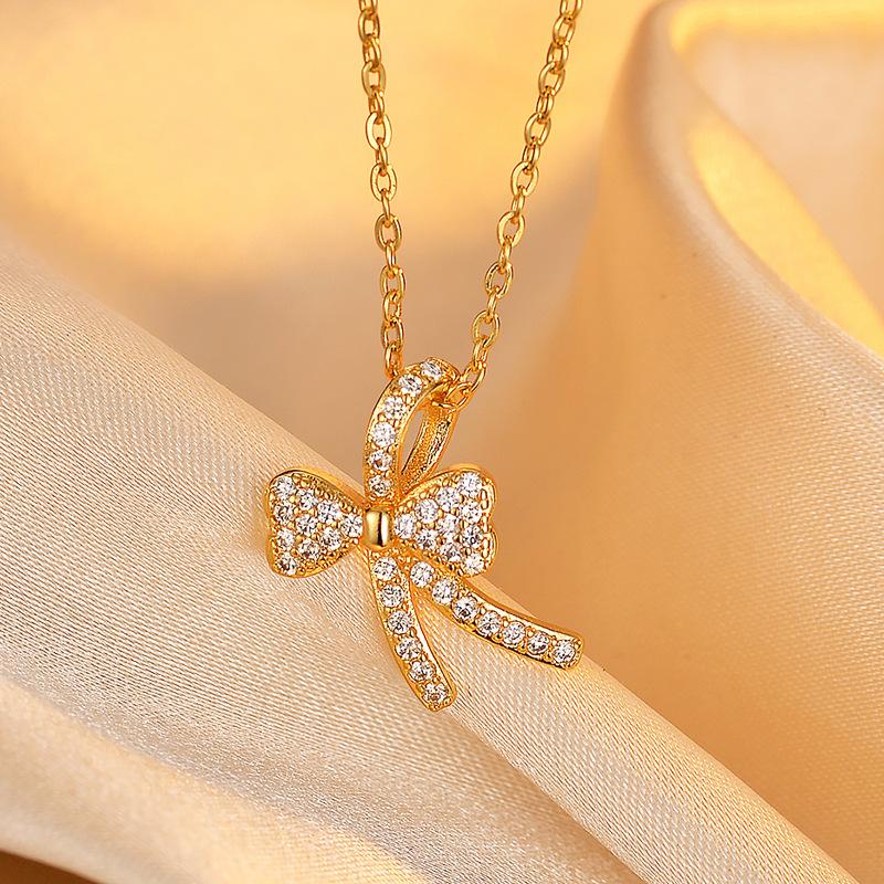 Niche Design Sense Bow Цирконий Светлое Роскошное Ожерелье Милая Высокая Чувственная Цепочка на Ключицу Цепочка на Шею