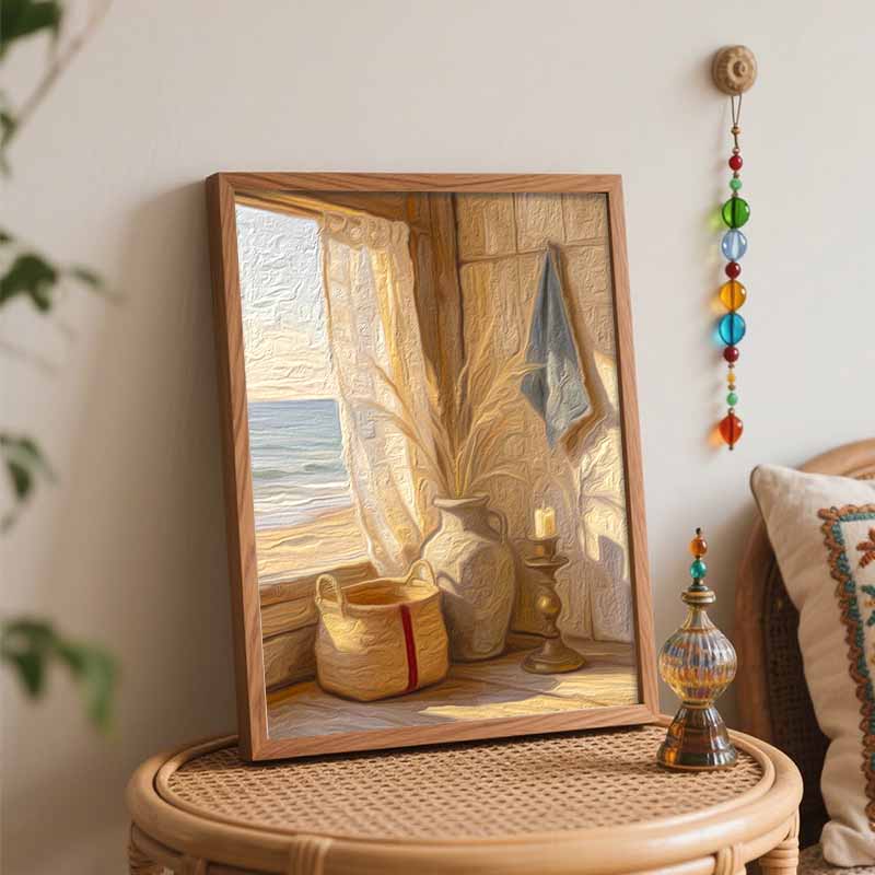 Цифровой набор для масляной живописи для DIY домашнего декора с пляжным окном, вазой, свечой, морским пейзажем.