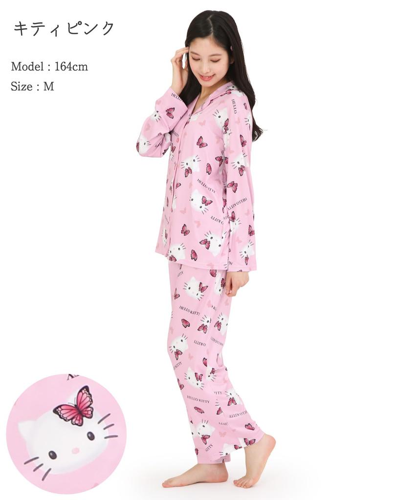 Hello Kitty Shirt Pajamas Powder Stretch Long Sleeve Long Pants Top and Bottom Set Room Wear Loungewear [SAZAC] Women's (Pink/M/SAN1906)