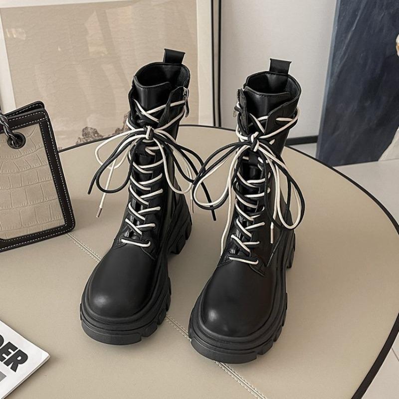 Модные сапоги средней длины в европейском и американском стиле, новые осенние сапоги 2024 года, цветные, со шнуровкой, на толстой подошве, женские сапоги средней длины Zapatos