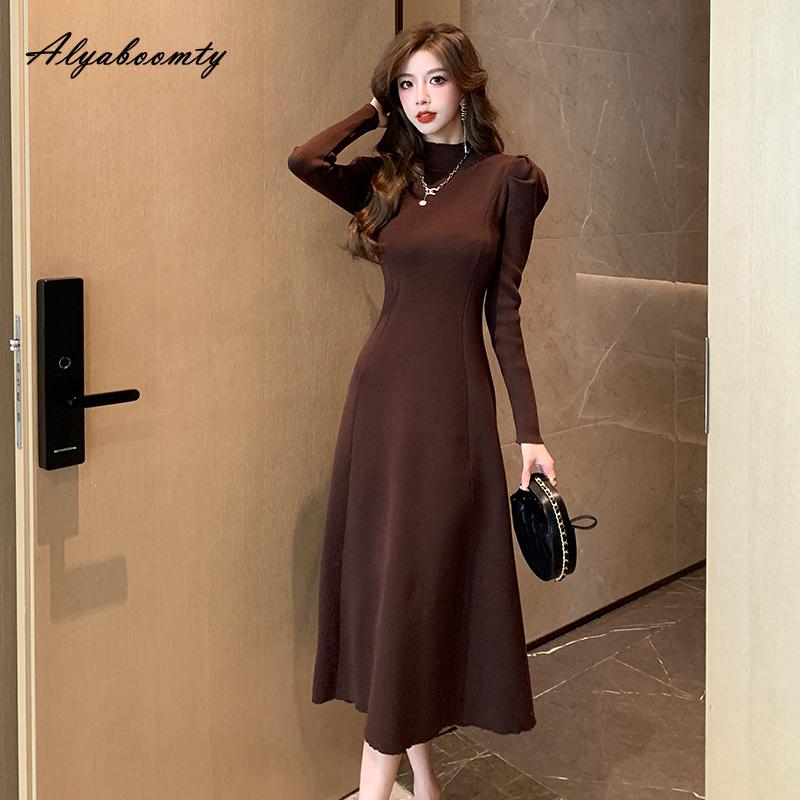 Французский стиль, осенне-зимнее женское платье-свитер миди, с половиной воротником, черное, серое, кофейное, вязаное платье, элегантное женственное трикотажное платье