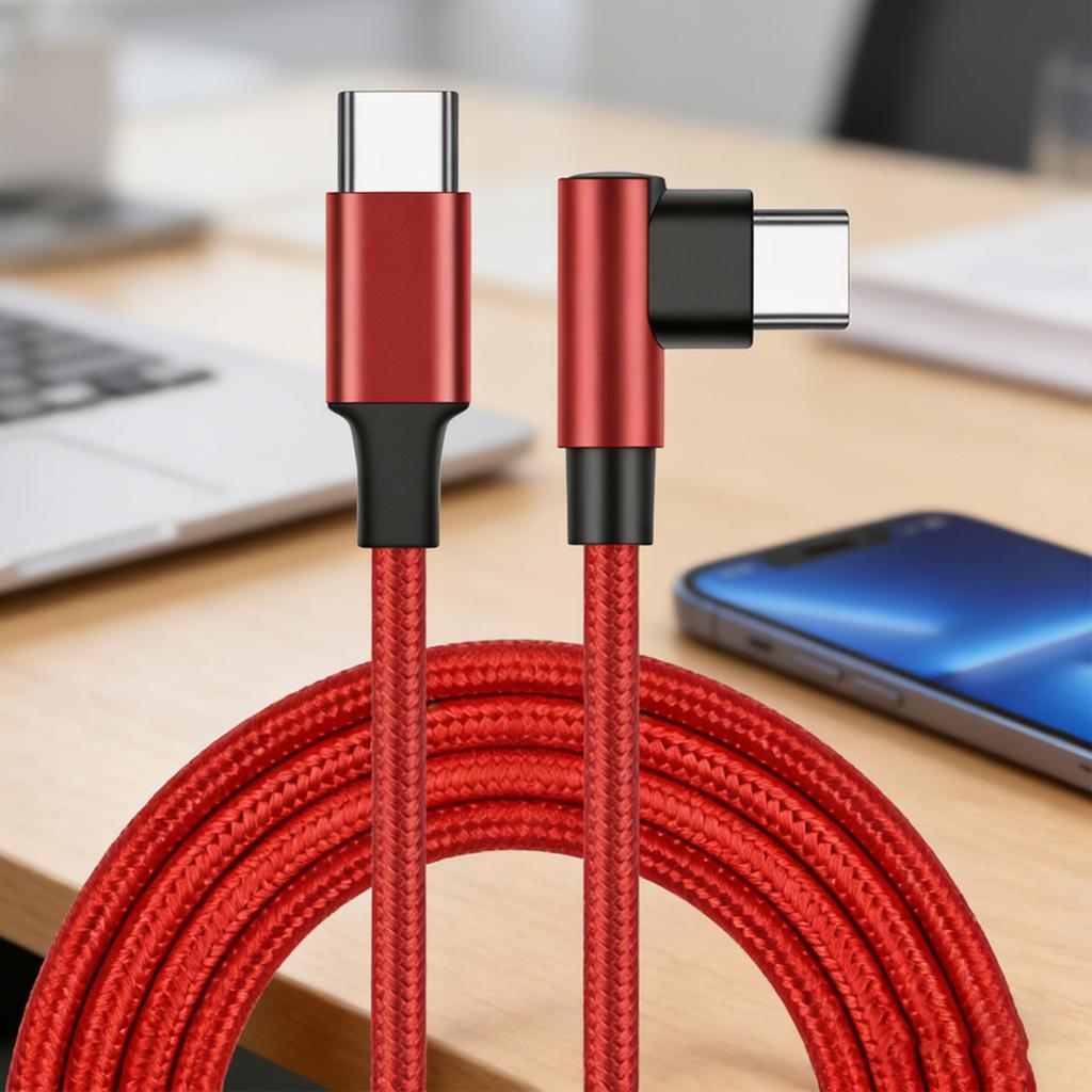 60W Power Delivery Type C Cable Right Angle Connector Nylon Braided Fast Charge And Data Cord For Phone Pad