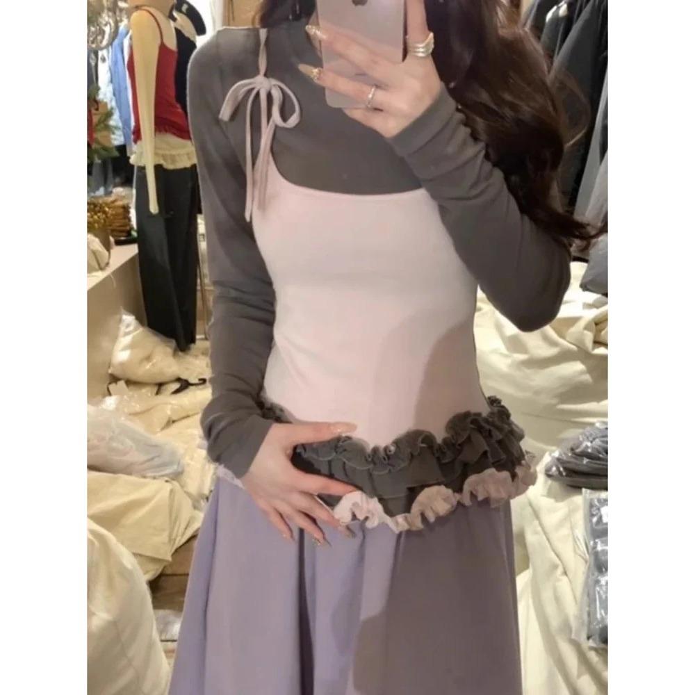 Корейские женские футболки Fake Two Chic Tees Длинные рукава О-образный вырез Оборки Милые майки Бандаж Повседневные футболки Y2k