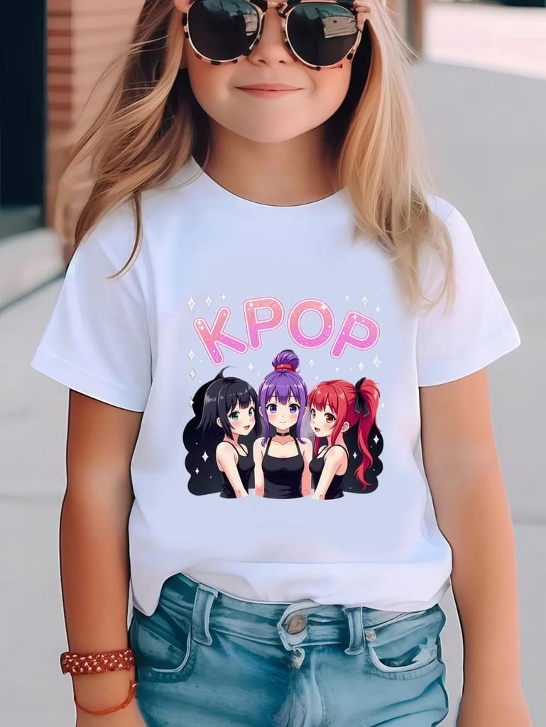Kpop Мультяшный Принт Графические Детские Футболки Смешной Подарок для Фанатов Харадзюку Футболки Летние Топы Топы с Коротким Рукавом Детская Одежда