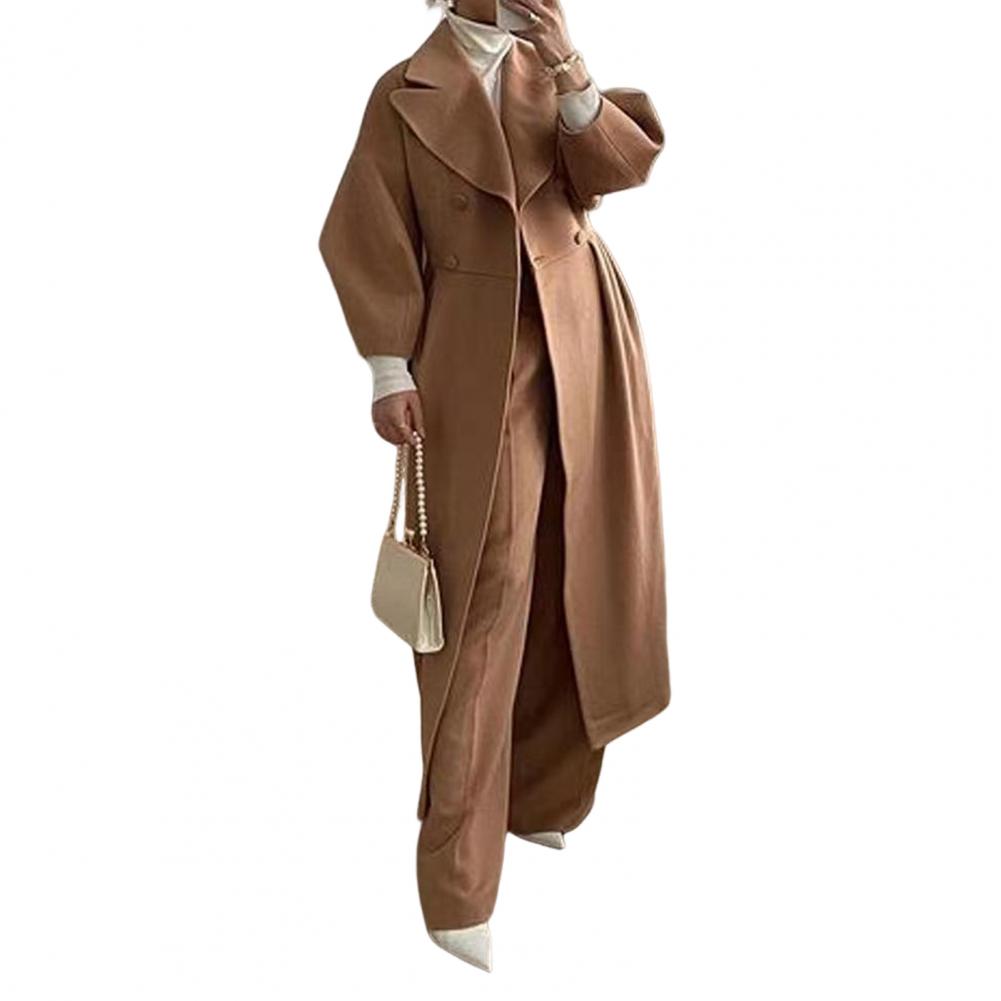 Women Woolen Jacket Turn-down Collar Solid Color Double-breasted Coat Retro Royal Style Thermal Long Lantern Sleeves Commuting D