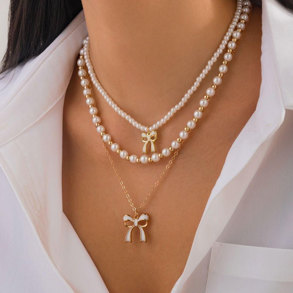 Bead Clavicle Chain Women Sun Moon Star Bowknot Clavicle Necklace Y2K Multilayer Necklace Girls