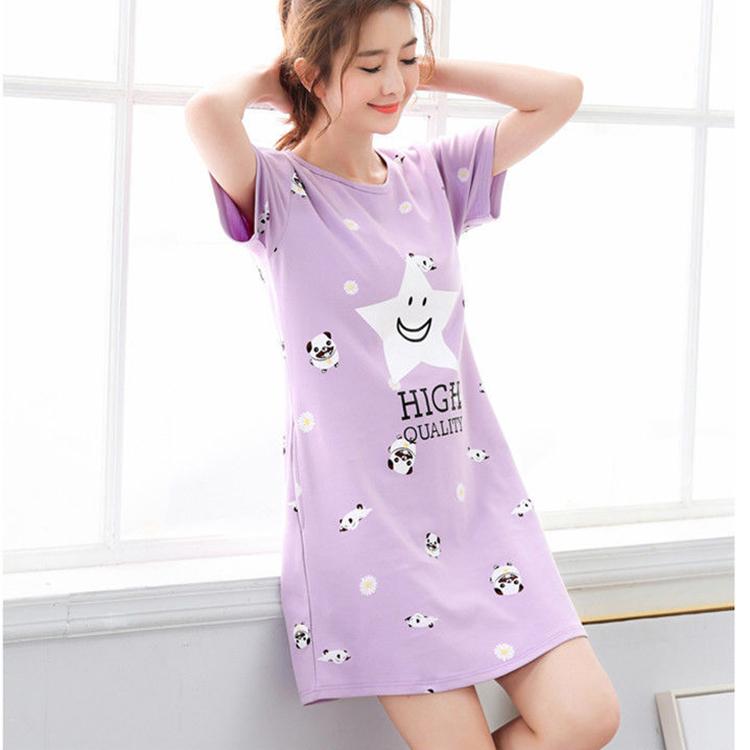 Summer Nightdress Female Cute Sweet Print Short-sleeved Girl Loose Comfortable Soft Mid-length Plus Size Nightdress Ladies Home
