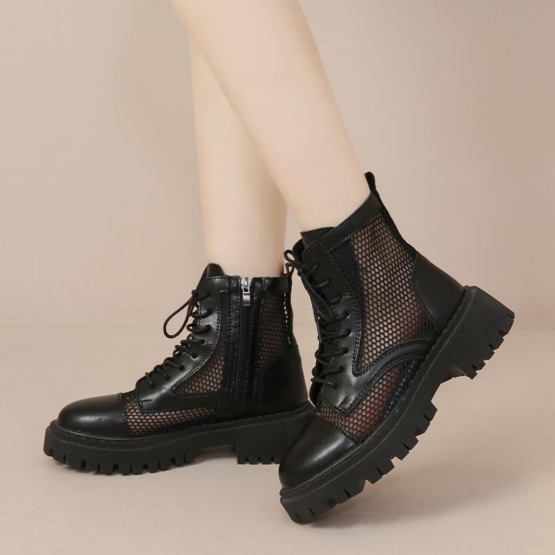 2025 Лето Новые Круглый Носок Сетчатые Дышащие На шнуровке Задняя молния Универсальные Крутые Ботинки Толстая подошва Удобная Одинарная обувь Женская