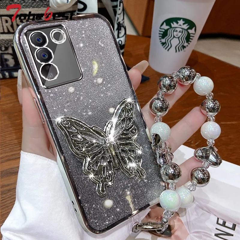 3D Butterfly Phone Holder Bead Bracelet Glitter Plating Case for Samsung Galaxy A14 A24 A34 A54 A15 A25 A35 A55 4G 5G Cover