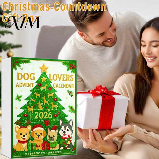 Creative Holiday Home Decoration Christmas Advent Calendar, 24 Day Countdown Box with 2D Flat Acrylic Days of Surprise Hanging Decor Dog Pendants,
