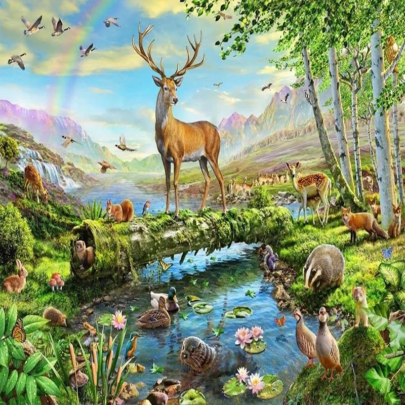 3D обои с изображением оленя, реки, животных, лесного пейзажа, фотообои для детской комнаты, фоновые обои