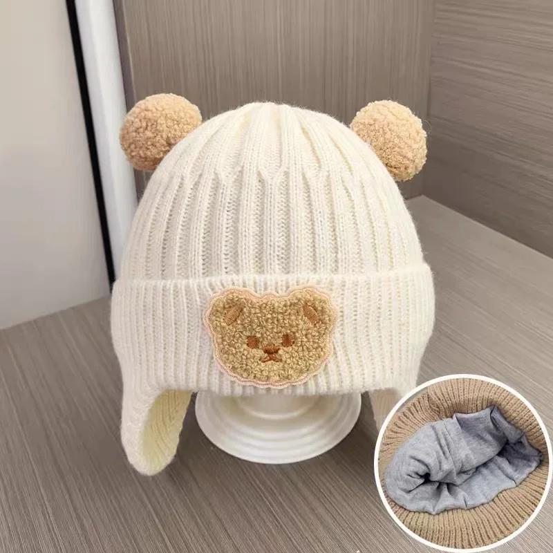 Вязаная детская шапка с ушами, милый помпон с медведем, детская шапка, теплая осенне-зимняя шапка для мальчиков и девочек, защитные шапки-чепчики