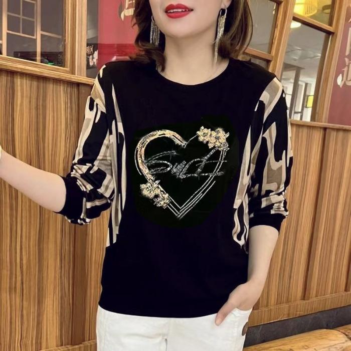 Ice Thread Новая модная футболка с длинными рукавами и круглым вырезом большого размера, утягивающий топ с бриллиантами для женщин среднего возраста