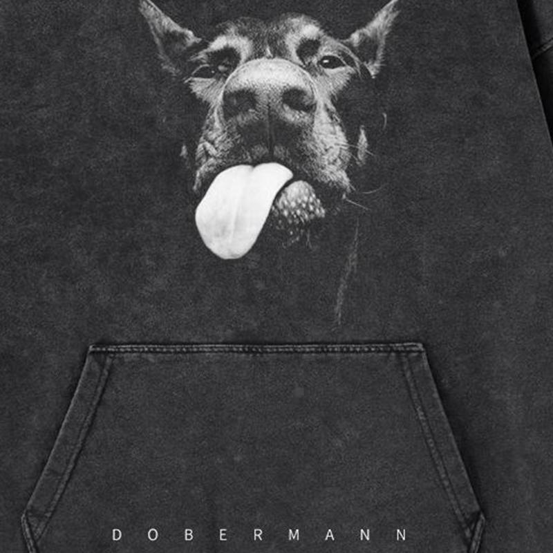 Черная толстовка унисекс с капюшоном Streetwear Doberman Dog Washed