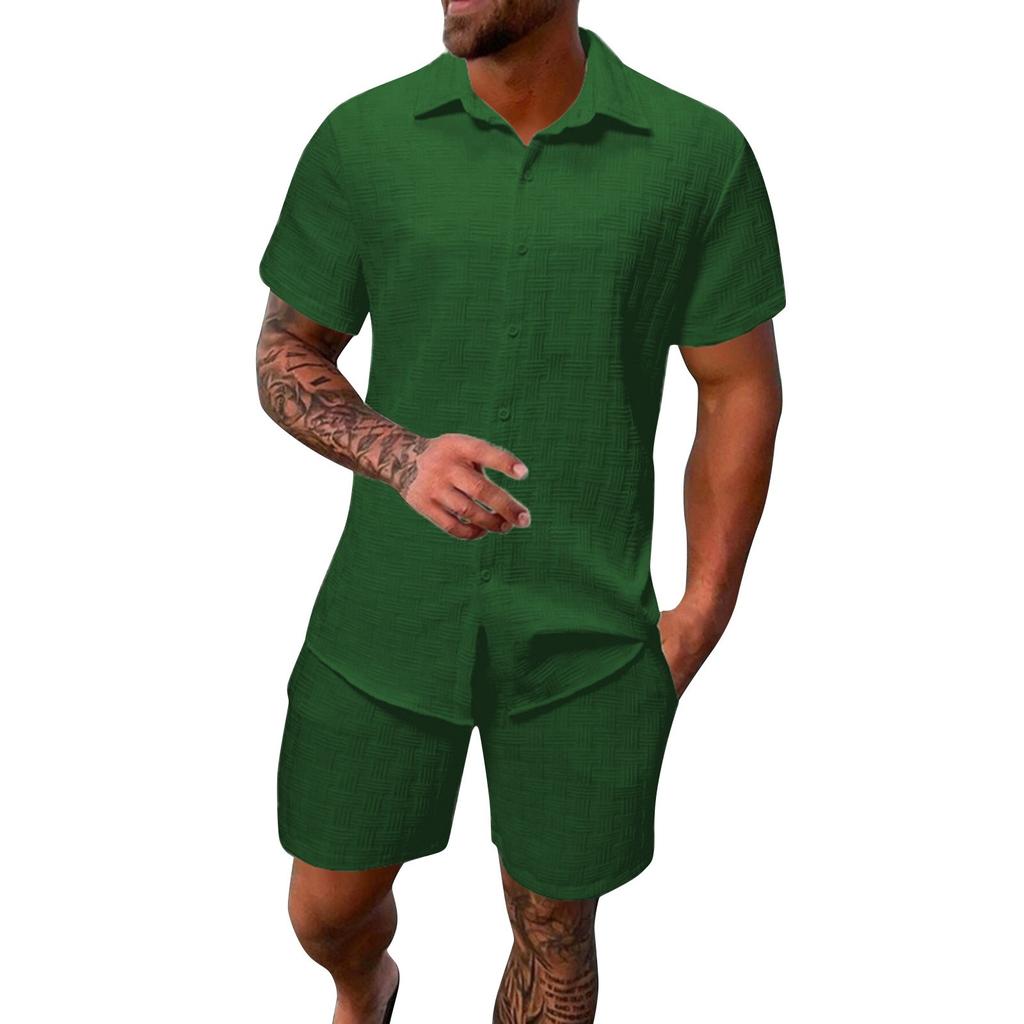 Men's Summer Solid Color Short Sleeve Button Lapel Shirt Shorts Set