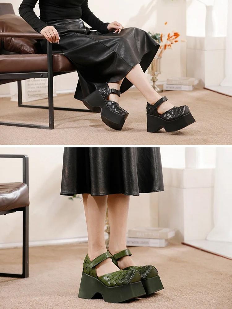 Johnature Женские босоножки на танкетке 10 см, плетеные из коровьей кожи, с толстой подошвой, ретро, из натуральной кожи