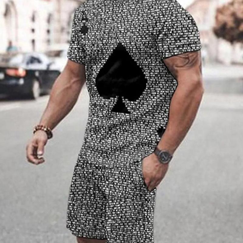 Asian Size Europe and the United States New 3D Digital Printed Men's Casual Fashion Sports Men Short Sleeve Up and Down Two Sets