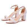 7cm Thick Heel Shallow Mouth One-strip Sandals Round Toe Square Root Sandals White Pearl Wedding Shoes Large Size 44 Size 45