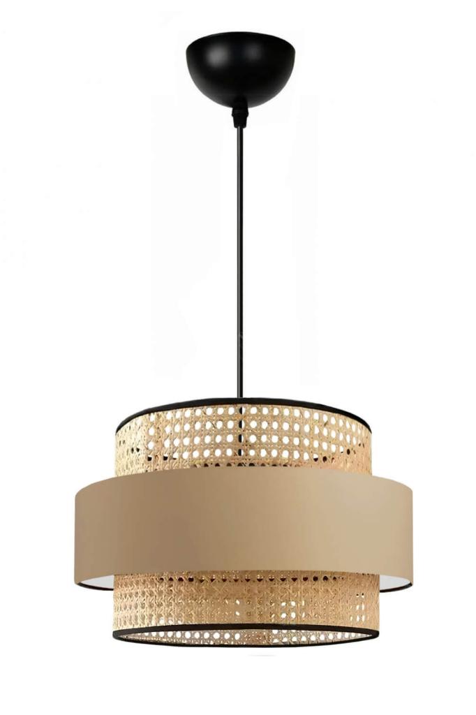 Bohemian Trio Metal Frame Real Rattan and Coffee Fabric Living Room Chandelier Three-Layer Cake Bedroom Pendant Lamp