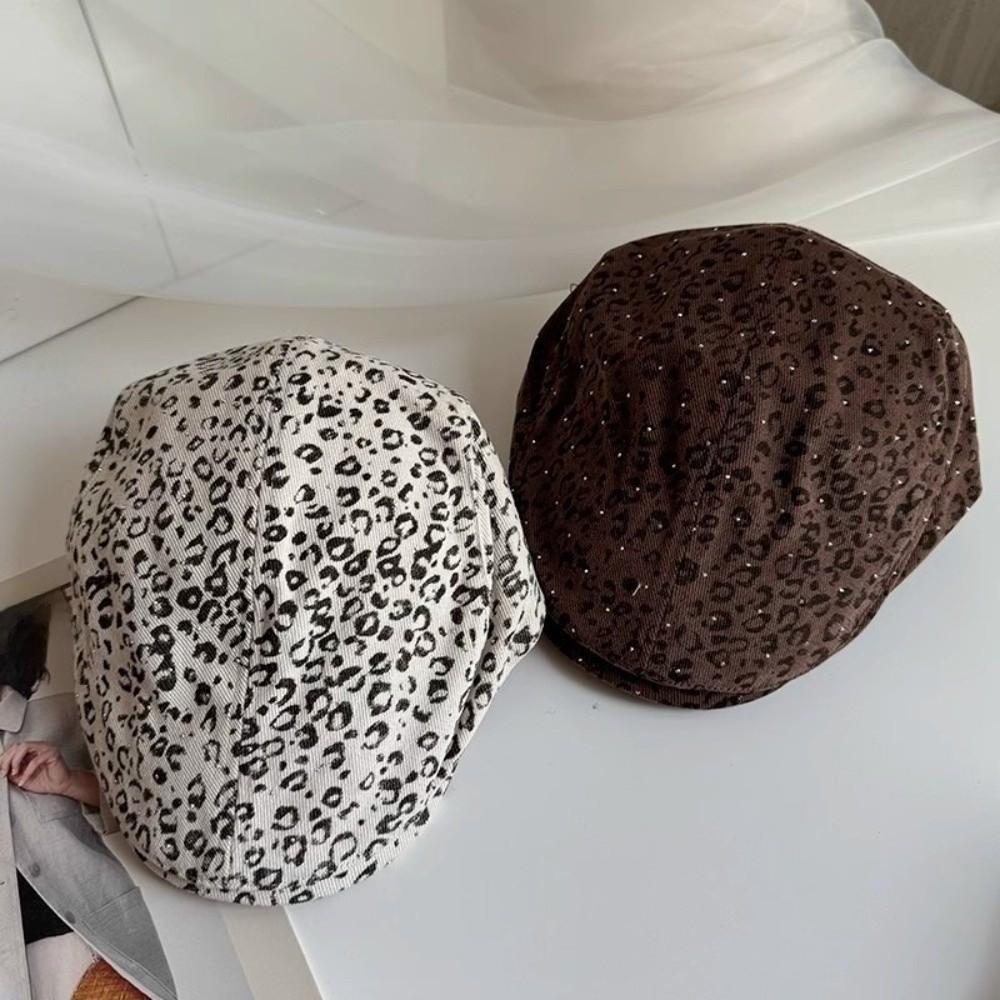 Rhinestone Leopard Print Beret Flat Painter Cap Fashion Leopard Newsboy Cap  Outdoor