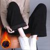 Women Winter Pants Elastic High Waist Straight Wide Leg Velvet Lining Long Pants Solid Color Loose Fit Casual Trousers