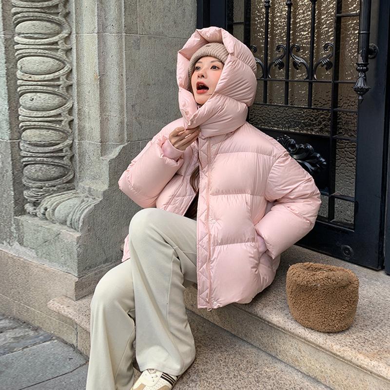 Пуховик женский высокого класса, женская зимняя мода 2024 года, с капюшоном, утолщенный, на ощупь, белый, на утином пуху, маленькая куртка из хлеба