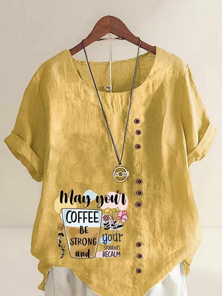 Women's Fashion Letter Flower Print Round Neck Short Sleeve T-shirt Casual Cotton Linen Graphic Shirt Leisure Loose Summer Blouse Tops