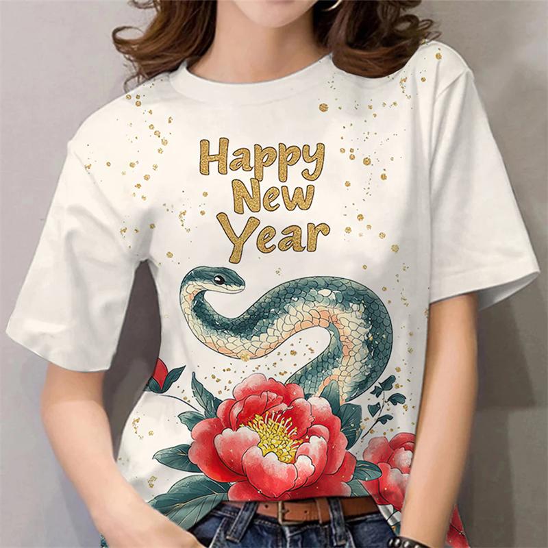 2025 Year Of The Snake T Shirt Women 3d Print Cute Snake Graphic T-shirts Fashion Casual Short Sleeve Unisex Lunar New Year Tees