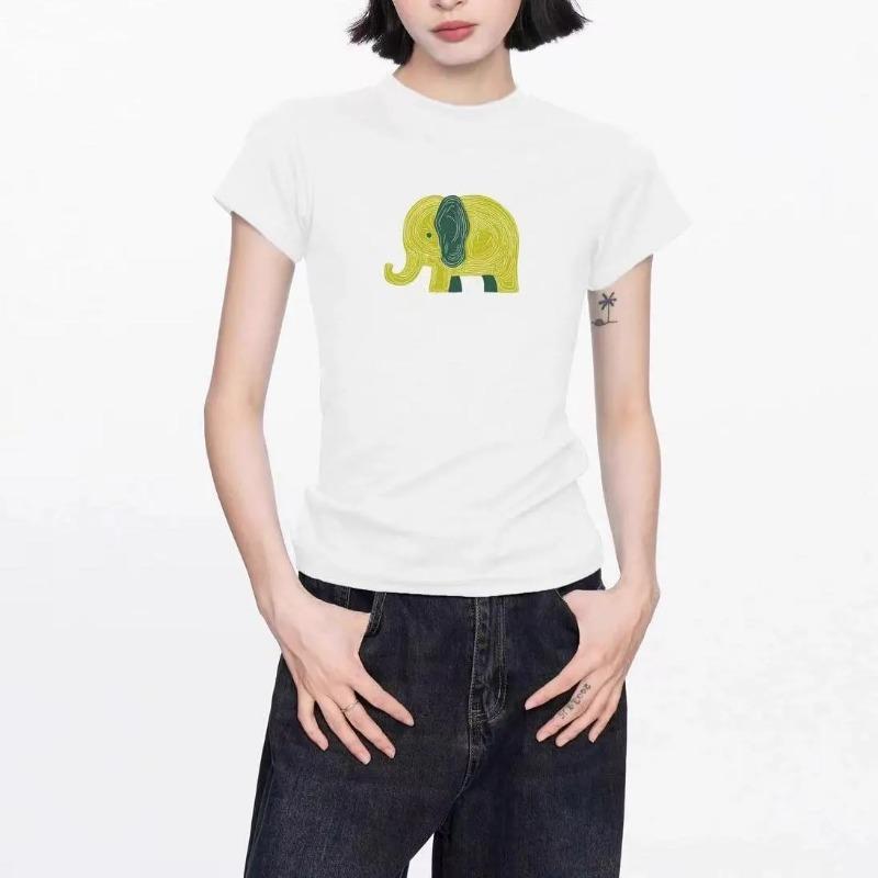 Women Cute Line Texture Elephant Graphic Crew Neck Slim Fit Short Sleeve T-shirt