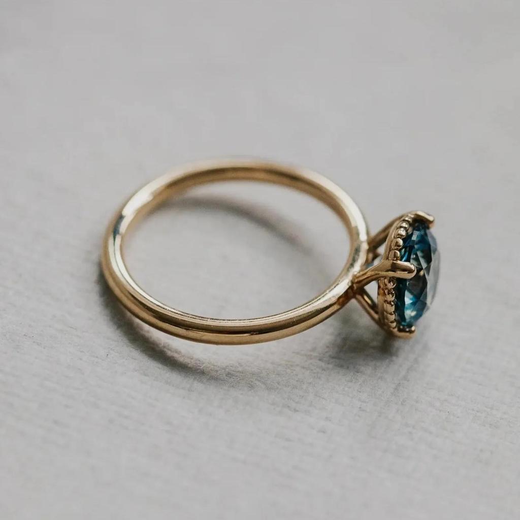Teal Blue Sapphire Ring: Yellow Gold Plated Minimalist 925 Sterling Silver Band: Art Deco Solitaire Bridal Wedding Jewelry Gift