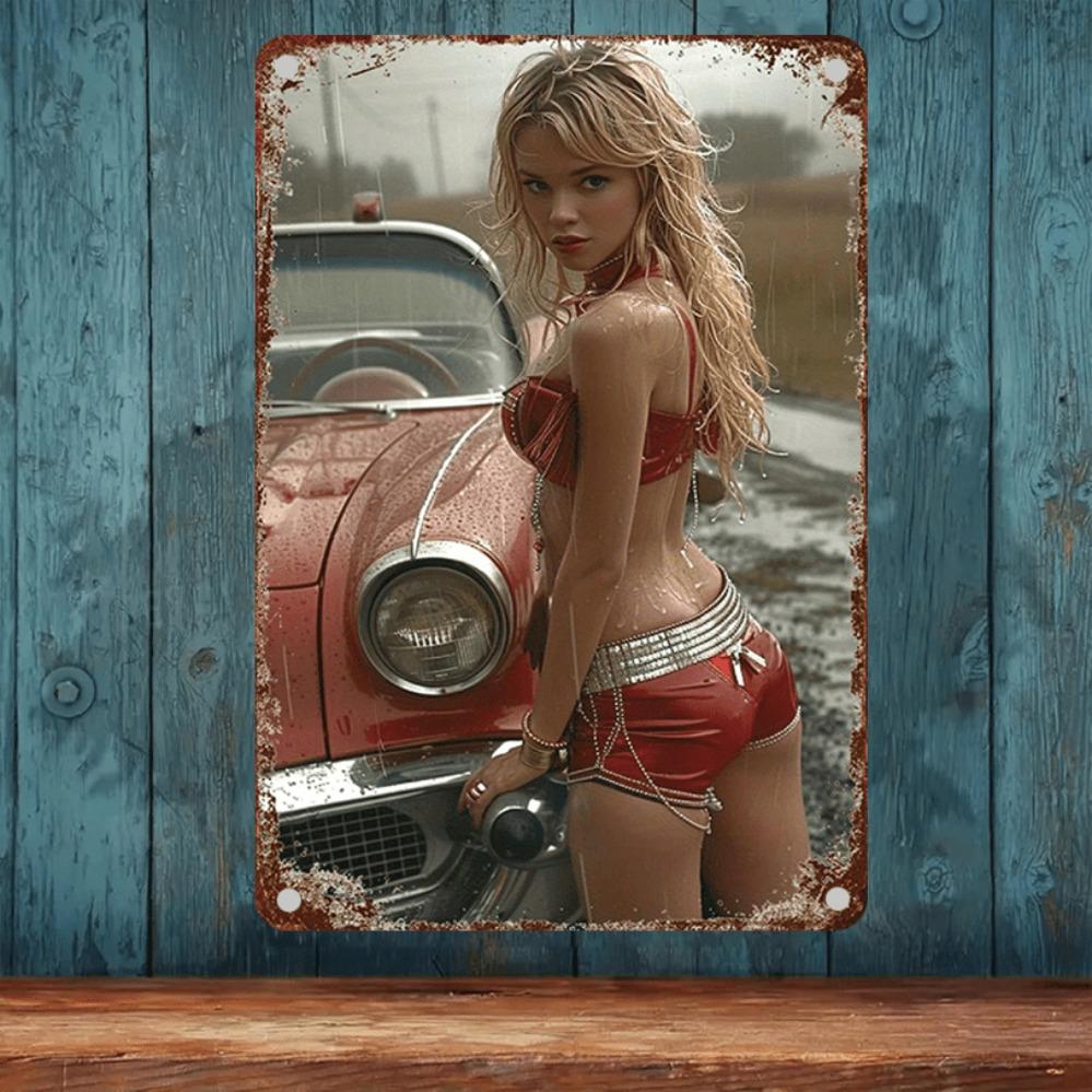 Винтажный американский металлический настенный декор 2D Автомобиль и девушка пинап Жестяная табличка 7,9x11,9 дюйма Рустикальный алюминиевый домашний декор для гостиной бара подарок