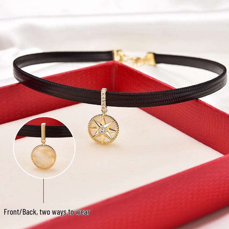 Korean Choker Compass Necklace for Women - Black Leather Collar Choker Necklace