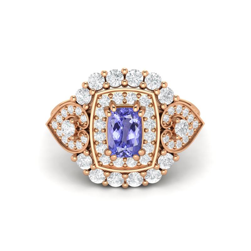 6X4MM Cushion Tanzanite Gemstone 925 Sterling Silver Rose Plated Solitaire Halo Women Engagement Ring