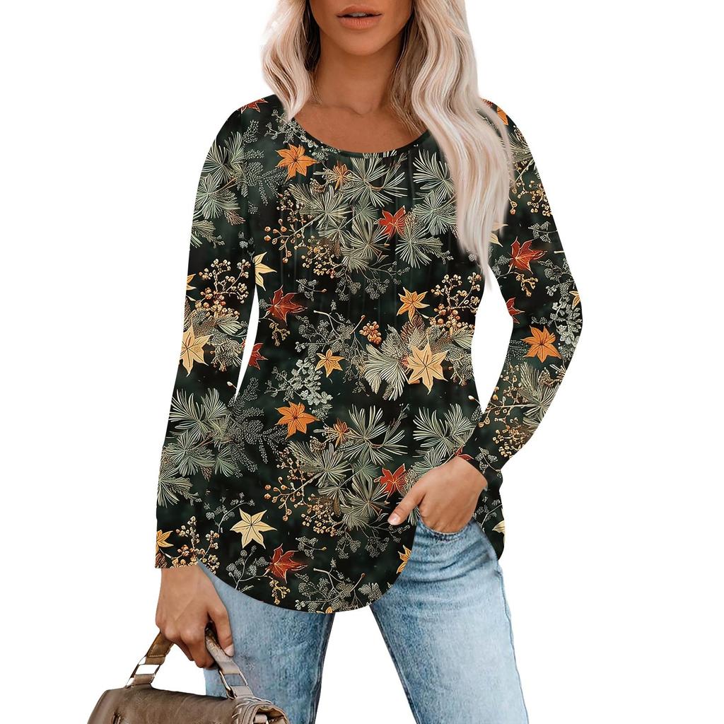 Long Sleeve Shirts For Women Tops Dressy Casual Blouses Pleated Scooped Neck Tunic Tops
