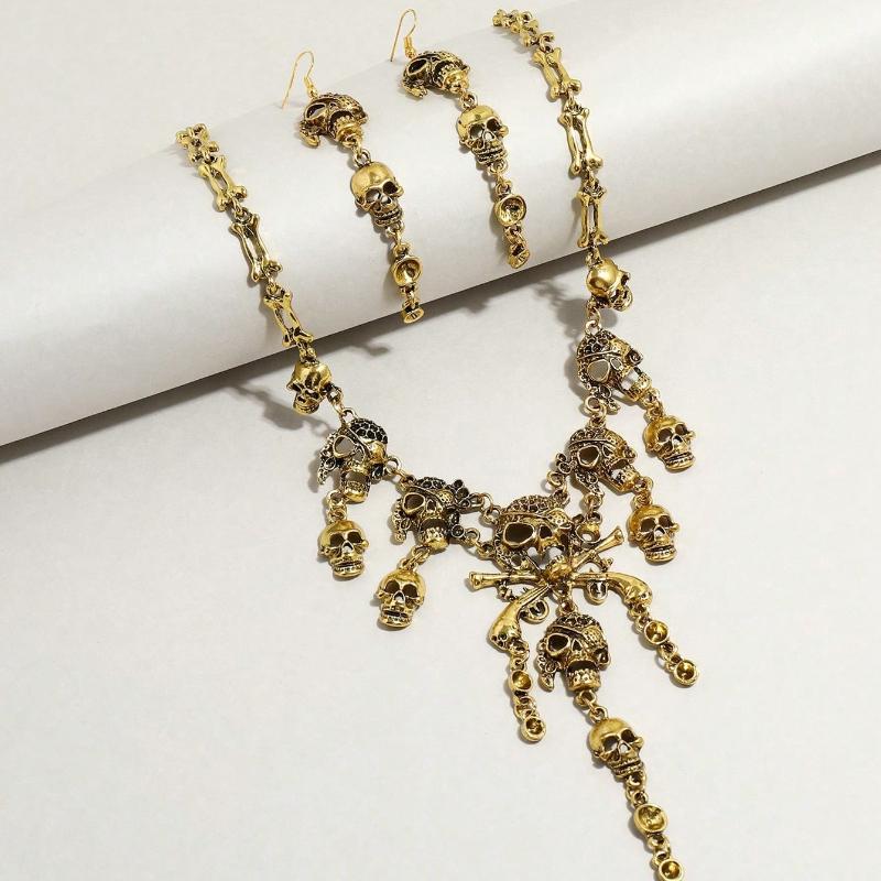 1 шт. Панк Ретро Ожерелье с Черепом и 2 шт. Серьги Набор Преувеличенных Украшений для Женщин для Вечеринки на Хэллоуин