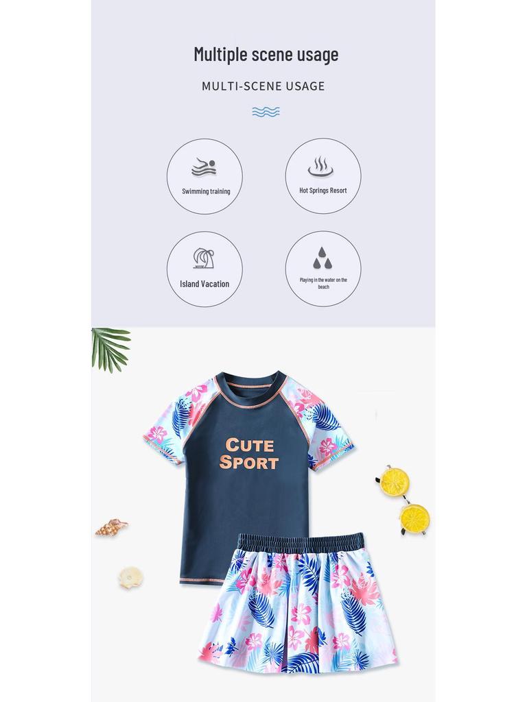 Plus Size Girls' Sun Protection Swimwear, Quick-Dry Split Design for Big Kids