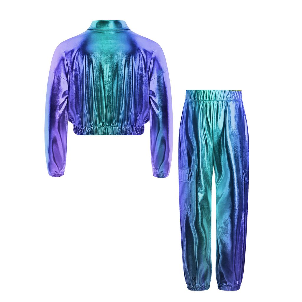 Unisex Kids Metallic Jacket Turn Down Collar Long Sleeve Outwear with Shiny Pants Dance Set
