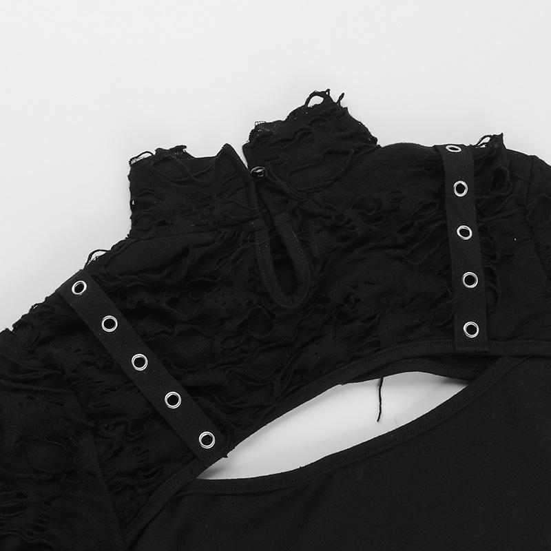 Футболка AltGoth Streetwear Gothic для женщин Y2k E-girl Cyber Punk с дырками на рукавах, лоскутное шитье, ажурная футболка с длинным рукавом, укороченная футболка Femme