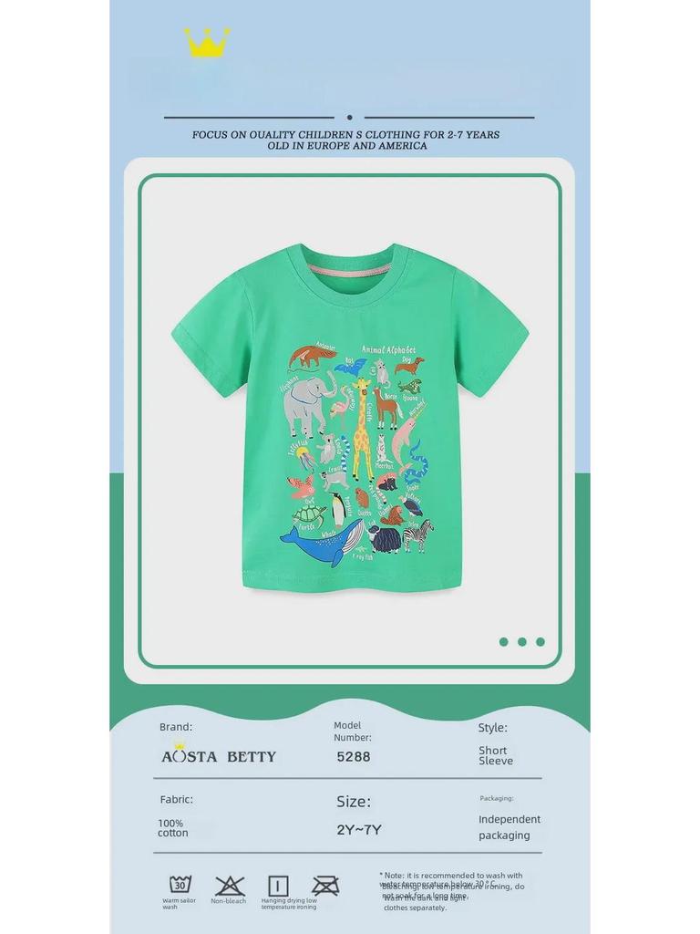 Детские футболки с коротким рукавом и мультяшными животными: Топы с круглым вырезом для маленьких и средних детей, лето 2025 г.